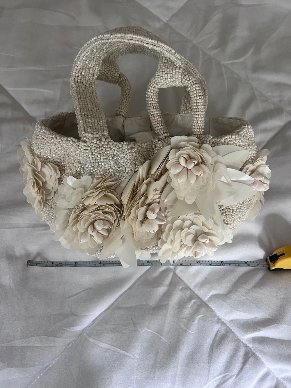 Elegant Floral Beaded Tote Bag - Cream